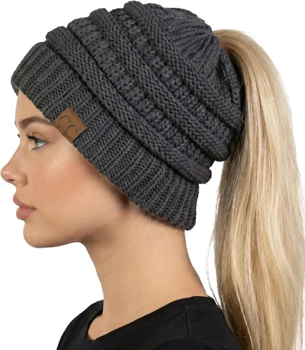 Vista 32 de Funky Junque Gorro de Cola de Caballo para Mujeres - Gorro de Invierno Ponyback Suave Elástico de Punto Trenzado Cola Alta Gorros para Correr