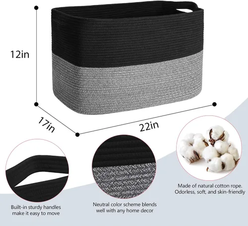 Vista 2 de MEGASKET Cestas de almacenamiento extra grandes, cestas negras de 22 x 17 x 12 pulgadas para organizar, cesta tejida rectangular para mantas