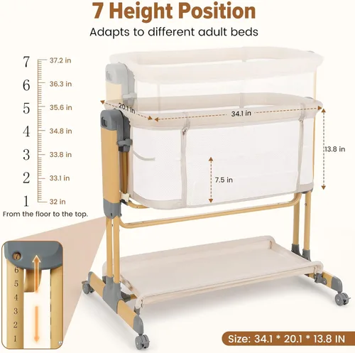Vista 7 de 3-in-1 Baby Bassinet Bedside Sleeper, Stable Bassinet for Newborns Beige