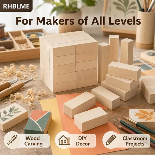Vista 7 de RHBLME 40 bloques de tallado de tilo, bloques de madera sin terminar de 4 x 1 x 1 pulgada para tallar, cubos de madera maciza suave para tallar