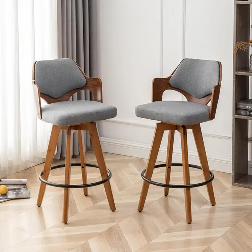 Vista 12 de MEKLIBA Juego de 2 taburetes de bar giratorios de altura de mostrador, silla de bar tapizada con patas de bambú, taburetes de mostrador con respaldo