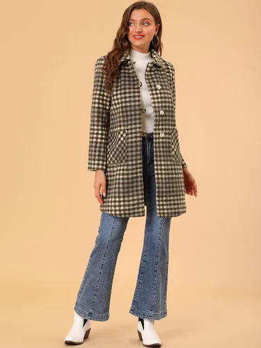 Vista 3 de Allegra K Abrigo largo a cuadros de mezcla de lana elegante de invierno con cuello de rotación para mujer
