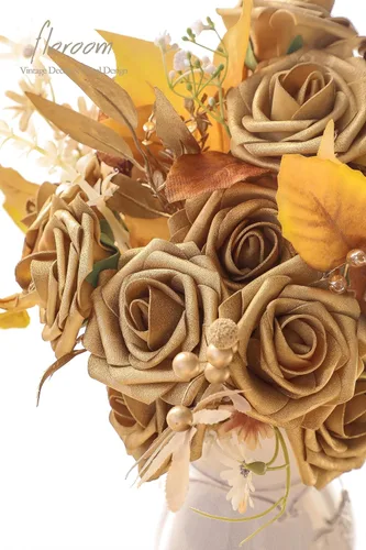 Vista 3 de Floroom Flores artificiales, 25 piezas de rosas falsas de espuma dorada antigua de aspecto real con tallos para ramos de boda DIY, centros de mesa