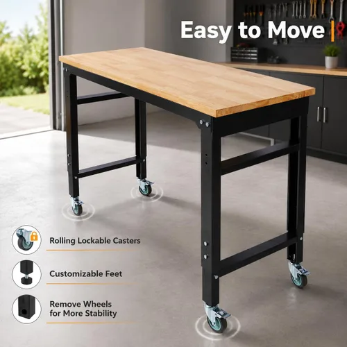 Vista 4 de Banco de trabajo ajustable de 48 pulgadas con ruedas, mesa de trabajo resistente de 2000 libras, banco de herramientas de taller, metal con parte