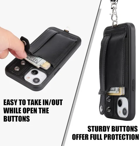 Vista 8 de TOOVREN Funda para teléfono compatible con iPhone 14 Plus, compatible con iPhone 14 Plus, funda con correa para tarjetero, cordón de cuero para Negro