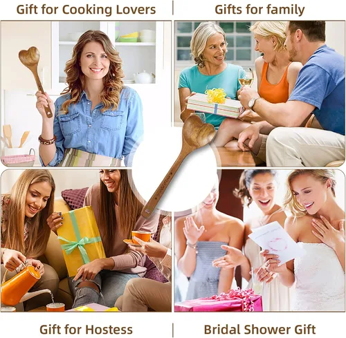 Vista 5 de Cucharas de madera en forma de corazón - Cubertería de cocina de madera en forma de corazón para cocinar con amor, regalos únicos del Día