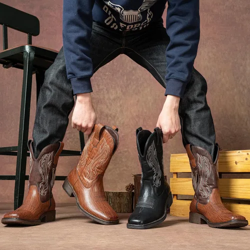 Vista 8 de Jousen Botas Vaqueras para Hombres con Bordado, Botas Occidentales Retro de Punta Cuadrada para Hombre, Botas Vaqueras Para Hombre