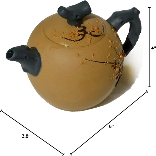 Vista 8 de Tetera de 12 oz Yixing Escultura de Arcilla Amarilla Zisha Ciruela Floreciendo Buena Suerte Noble Hermosa Caja de Regalo