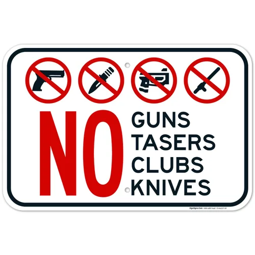 Vista 15 de Letrero de No Guns No Tasers No Clubs No Knives de 10 x 7 pulgadas, libre de óxido, aluminio 040, resistente a la decoloración, fabricado en Estados
