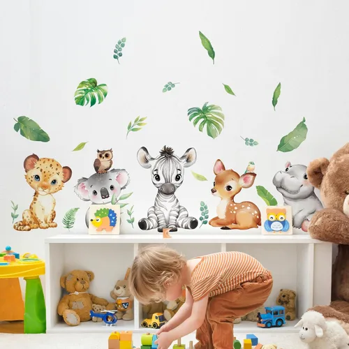 Vista 6 de Tanlaby Pegatinas de pared de animales de la selva de dibujos animados de animales del bosque Zebra Forest Peel and Stick Art Sticker for Baby