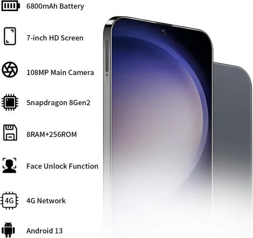 Vista 2 de Teléfono celular I23 Ultra desbloqueado 4G Dual SIM Teléfono Android 8GB+256GB Teléfono Android desbloqueado, pantalla HD de 7 pulgadas, cámara