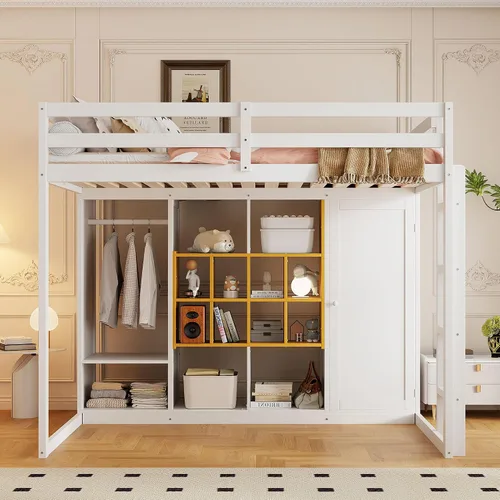 Vista 20 de Cama loft multifuncional de tamaño matrimonial con escritorio integrado, 6 cajones de almacenamiento y estante, marco de cama de madera con escalera