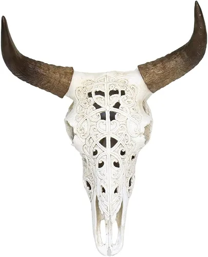 Vista 9 de OTARTU Escultura para colgar en la pared, diseño tribal negro, diseño tallado con calavera de buey de 19 pulgadas, arte de decoración de pared