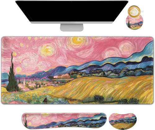 Vista 10 de DINKY Juego de alfombrillas para mouse y teclado, alfombrilla de mouse grande para juegos + soporte ergonómico de espuma viscoelástica