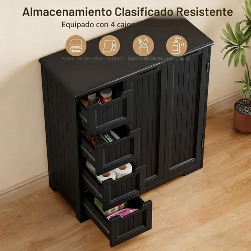 Vista 5 de Gizoon Gabinete de piso de baño de madera, gabinete organizador de Negro