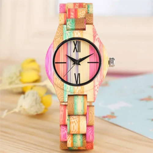 Vista 2 de Tiong Reloj de madera para mujer con correa de madera, cuarzo analógico, diseño clásico, colorido reloj de pulsera de bambú para damas, parejas..