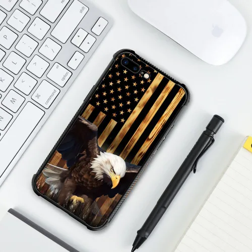 Vista 278 de Funda compatible con iPhone 8, a prueba de golpes, antiarañazos, bandera de ciervos de cola blanca de grano de madera estadounidense