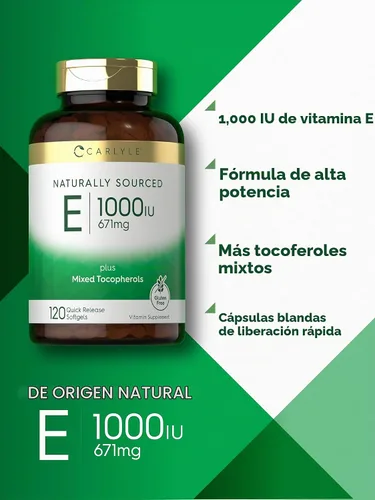 Vista 4 de Carlyle Vitamina E 1000 UI cápsulas blandas con tocoferoles mixtos 120 pastillas Suplemento de origen natural Fórmula sin OMG y sin gluten