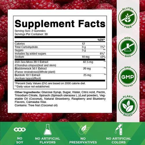 Vista 2 de Vitamatic Gomitas de musgo marino irlandés con vejiga y raíz de bardana, suplemento de extracto botánico, vegano, sin OMG, 60 unidades, paquete de 2