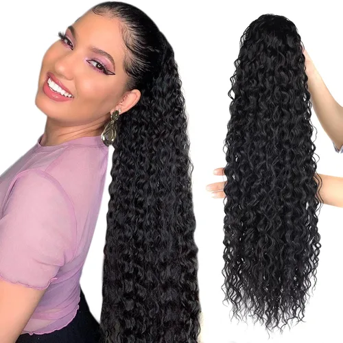Vista 12 de Extensiones de cola de caballo de color marrón oscuro, extensiones de cabello humano real rizado con cordón, extensiones de cabello humano real