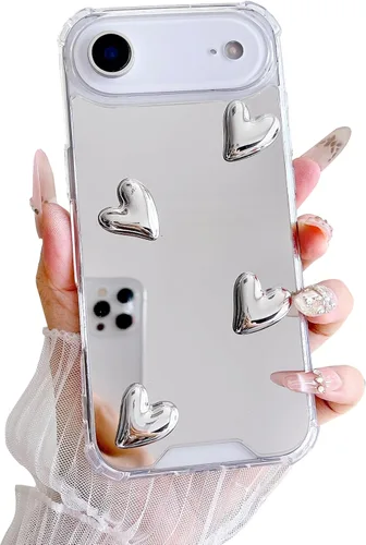 Vista 8 de Compatible con funda para iPhone 11, espejo de plata senior con diseño de corazón lindo, funda de silicona transparente y suave con espejo