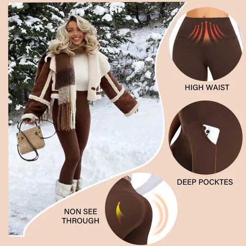 Vista 3 de Leggings con forro polar y bolsillos para mujer, pantalones térmicos de cintura alta con control de abdomen, pantalones de yoga para entrenamiento