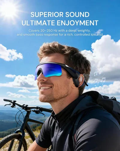 Vista 2 de Lentes de sol Bluetooth para hombres y mujeres, lentes deportivos polarizados UV400 con altavoces HD de oído abierto, asistente de voz y tubos