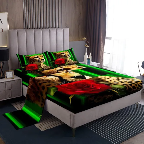 Vista 29 de Erosebridal Sábanas de cama de guepardo con rosa roja, juego de sábanas de bolsillo profundo con estampado de leopardo y gato, sábana bajera