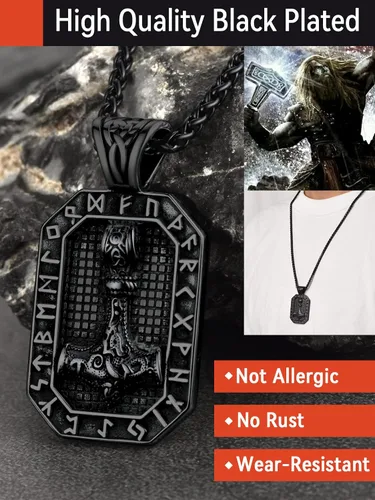 Vista 3 de FaithHeart Viking Thor's Hammer Talismán Collar para hombre, colgante de amuleto nórdico vintage de Mjolnir con cadena de trigo resistente, joyería