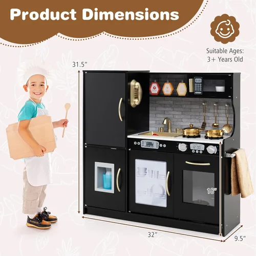 Vista 6 de Costzon Juego de cocina para niños, juego de juguetes de cocina de madera con sonido real, pizarra grande, teléfono, microondas, máquina de hielo