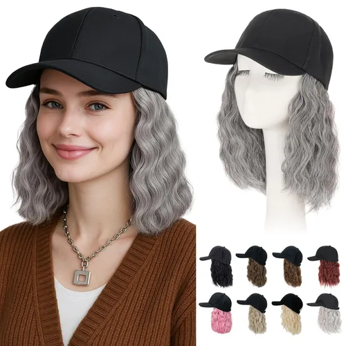 Vista 28 de Hairro Peluca de gorra de béisbol con cabello adjunto, corto estilo Bob ajustable, extensiones de cabello sintético para mujeres, balayage