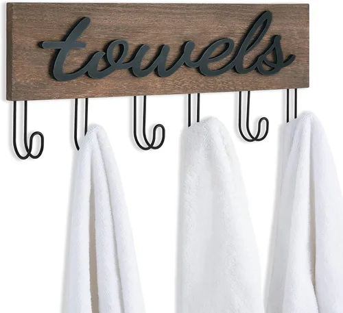 Vista 8 de Mkono Soporte de Toallas Montado en Pared, Toalleros para Baño, Decoración de Casa de Campo, Ganchos de Madera Rústica para Toallas, para Colgar