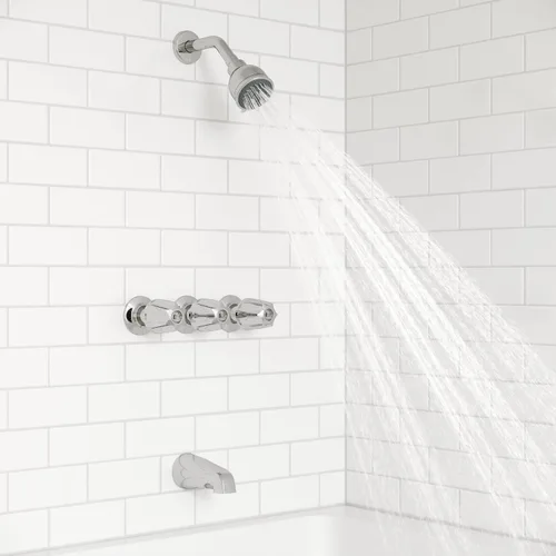 Vista 7 de Pfister Grifo de bañera y ducha de 3 manijas con manijas de metal en cromo pulido
