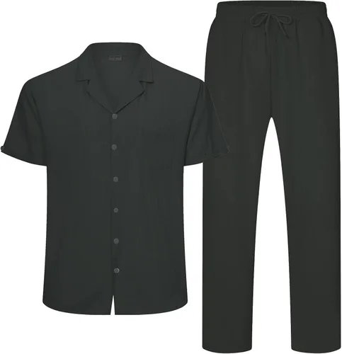 Vista 2 de RPOVIG Conjunto de camisa de lino y pantalones conjuntos de lino de 2 piezas para hombre, camisas de manga corta, pantalones de yoga, trajes