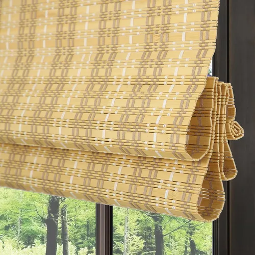 Vista 10 de Persianas romanas de bambú sin cordones para ventanas, persianas de madera tejida natural de ónix negro con cenefa de 6 pulgadas de alto, persianas