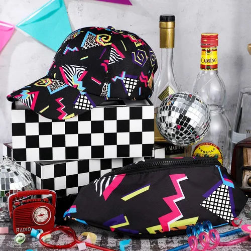 Vista 7 de Sotiff Trajes retro de 2 piezas de los años 80 y 90 para mujeres y hombres, riñonera y sombrero de los años 80, disfraces de los años 90, cintura