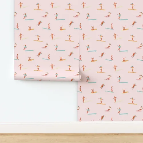 Vista 4 de Despegar y pegar papel tapiz Swatch - Chicas Surfers Rosa Surfing Girl Sport Hawaii Retro Ocean Nautical Beach Papel pintado personalizado extraíble