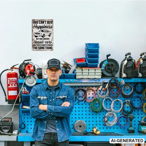 Vista 4 de Divertidos letreros de metal vintage con texto en inglés «You Can't Buy Happiness But You Can Buy a Classic Cars Garage», letreros de metal