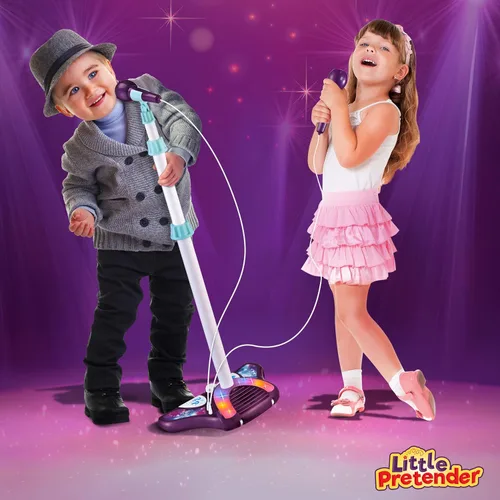 Vista 3 de Máquina de karaoke para niños con 2 micrófonos y soporte ajustable, con música para cantar, con luces de escenario intermitentes y pedales