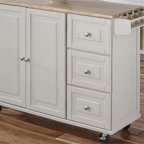 Vista 10 de Hawthorne Collections Carrito de cocina de madera, acabado blanco, encimera de hojas caídas, ruedas con bloqueo, estante de especias, barra