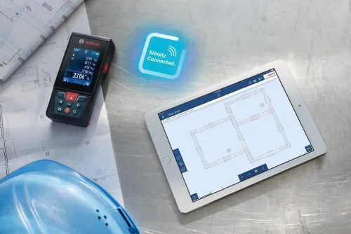 Vista 5 de Bosch GLM400CL 400 Ft Blaze Medidor láser conectado para exteriores, incluye batería de iones de litio de 1.0 Ah 3.7V y cargador, cable Micro USB