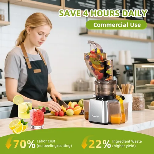 Vista 6 de Exprimidores comerciales de prensa en frío de 300 W, doble salida para jugo y pulpa, alto rendimiento, exprimidores de masticación, acero inoxidable