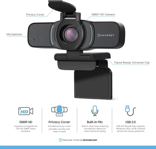Vista 2 de Amcrest Cámara web 1080P con micrófono y cubierta de privacidad, cámara web USB, cámara web de transmisión HD para computadora de escritorio