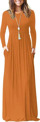 Vista 29 de Vestido de manga larga para mujer, holgado, liso, largo, estilo informal, con bolsillos. 01-verde militar