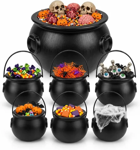 Vista 26 de PMU 2 piezas de caldero de Halloween – 10 pulgadas, 8 pulgadas, cuenco de caldero de plástico de bruja negro, para decoración de Halloween