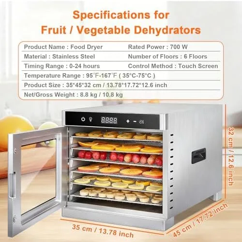 Vista 8 de Electric Food Dehydrator Machine, 700W Adjustable Temperature & 24-Hour Timer, 6 Stainless Steel Trays for Jerky, Meat, Fruits, Vegetables, Herbs