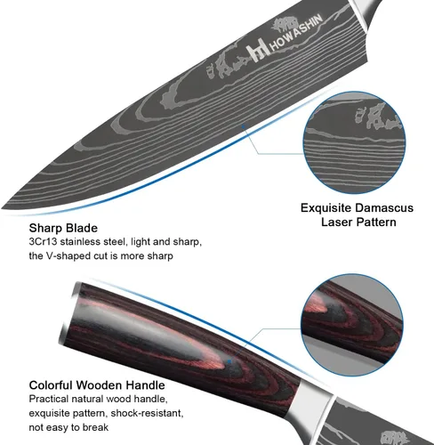 Vista 5 de Juego de cuchillos de cocina de acero inoxidable alemán, 3 piezas, cuchillo de chef de alto carbono, mango ergonómico de madera