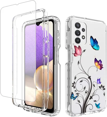 Vista 8 de Funda para Galaxy A32 5G/M32 5G SM-A326 con protector de pantalla de vidrio templado, cuerpo completo, transparente, flexible, con diseño floral