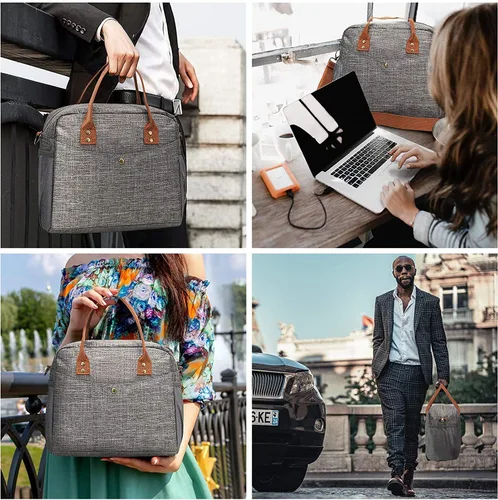 Vista 7 de Bolsa de almuerzo para mujer, bolsa de almuerzo impermeable con correa de hombro ajustable, trabajo (gris)