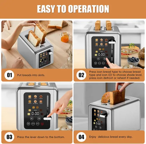 Vista 8 de WUNLY Tostadora de 2 rebanadas, pantalla táctil y doble panel de control independiente, 5 funciones básicas y tostadoras digitales de cuenta